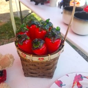 Basket with 8 hand blow glass peppers